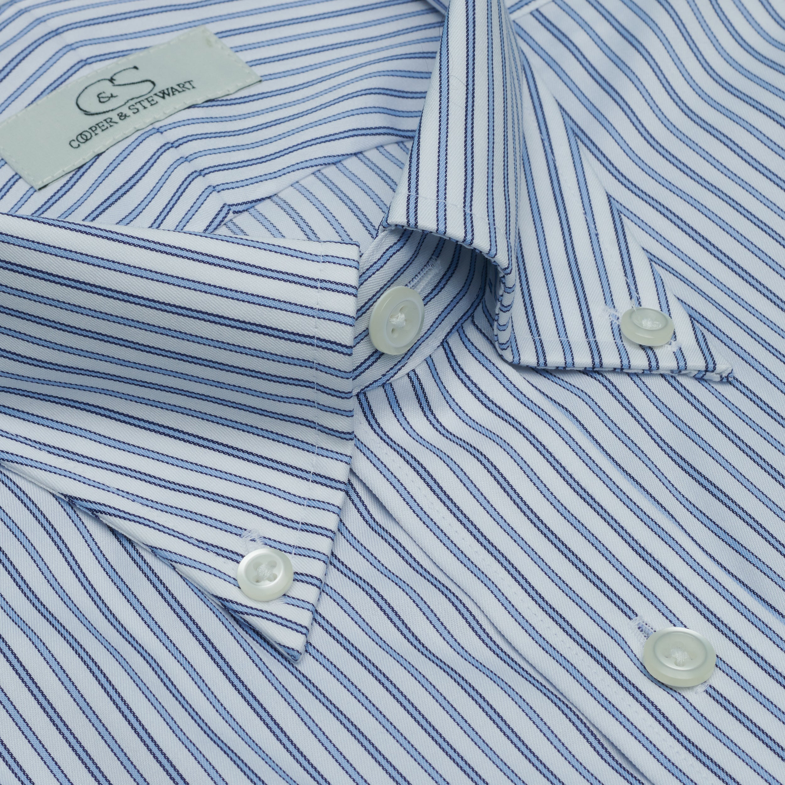 071 BD - White Ground Blue Stripe Button Down Collar