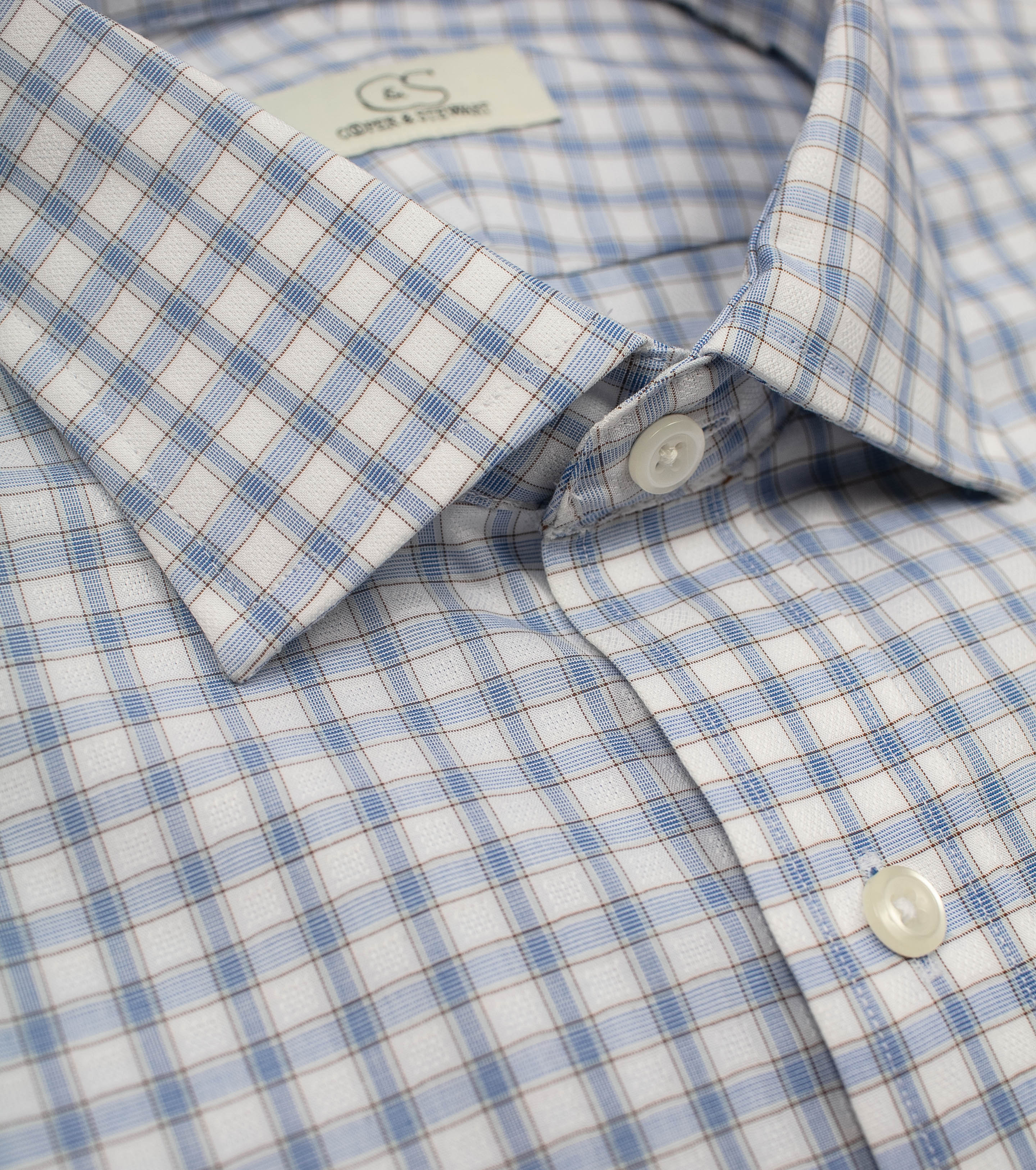 103 SC - White Ground w/Blue & Tan Check Spread Collar