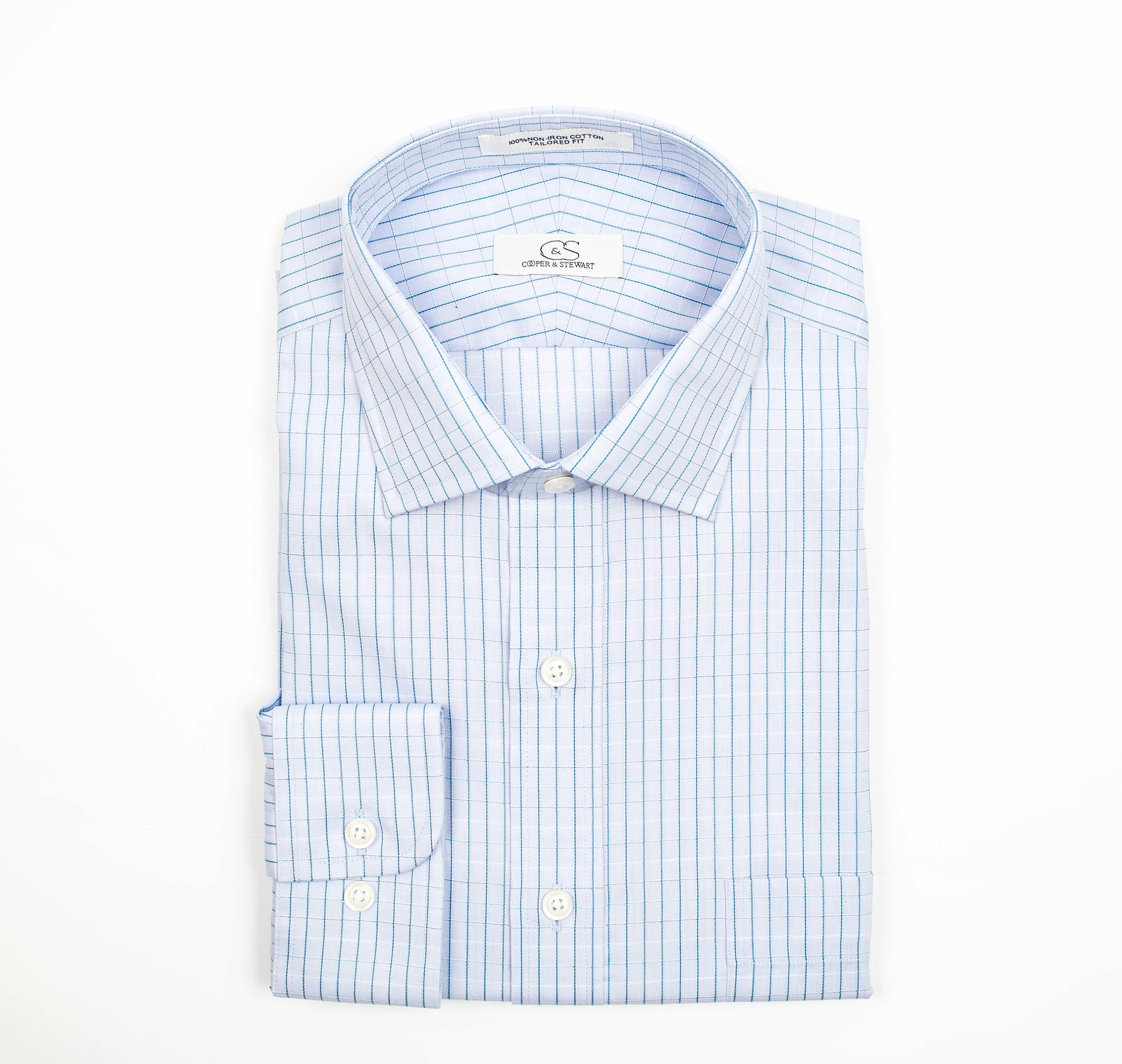 135 TF SC - Blue/Turquoise Satin Check Tailored Fit Spread Collar