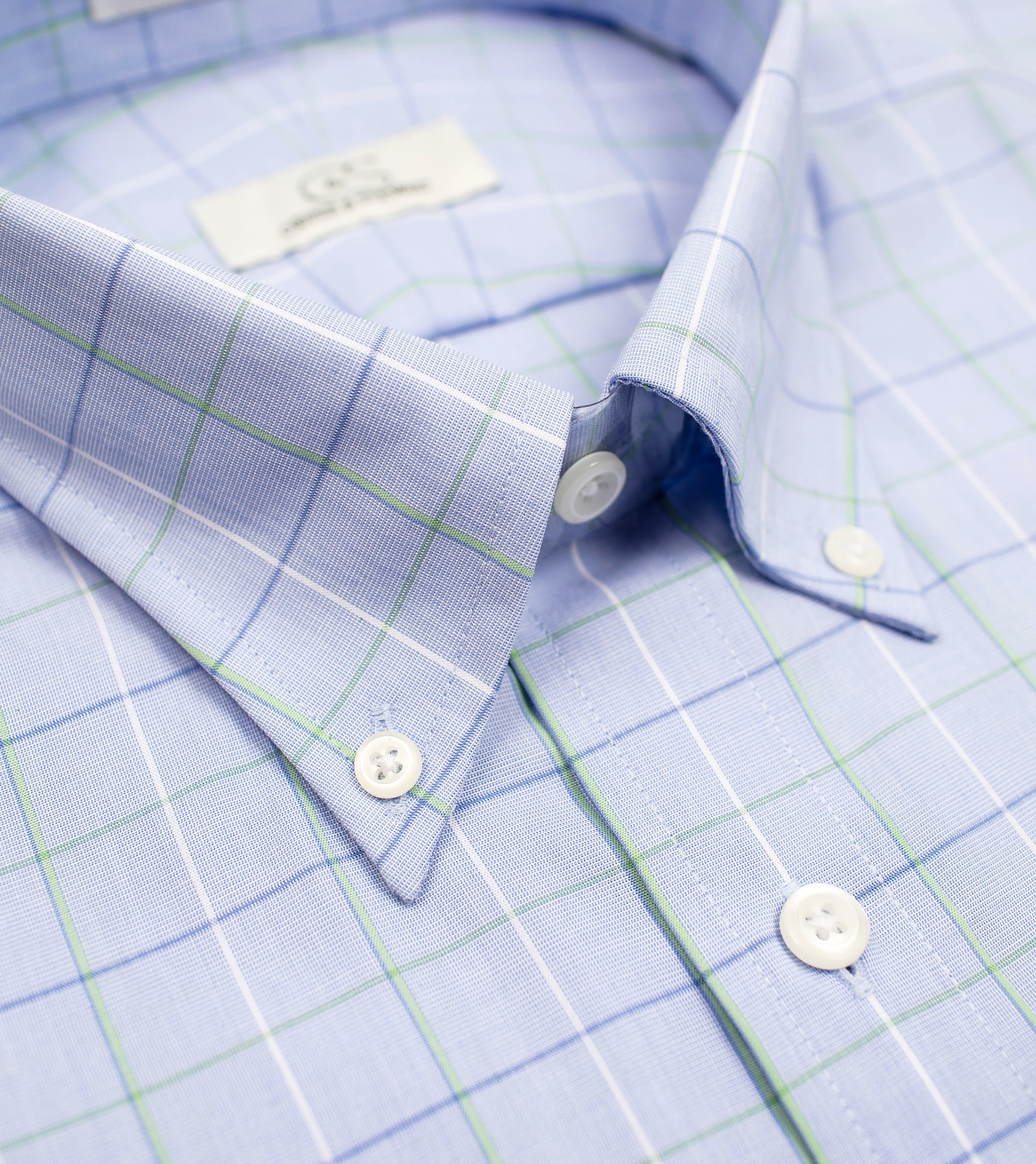 138 TF BD - Blue/Green Windowpane Tailored Fit Button Down Collar