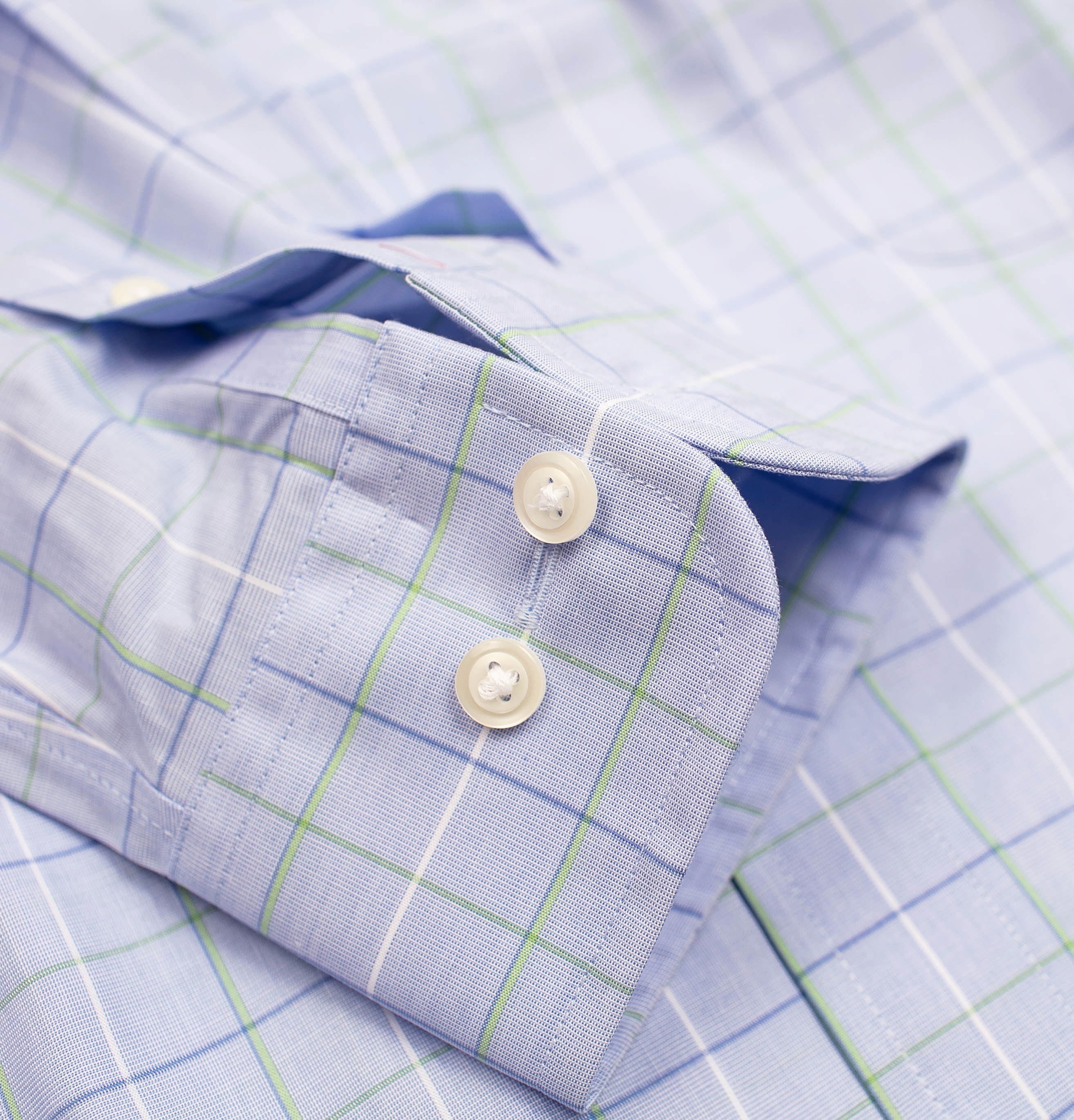 138 TF BD - Blue/Green Windowpane Tailored Fit Button Down Collar