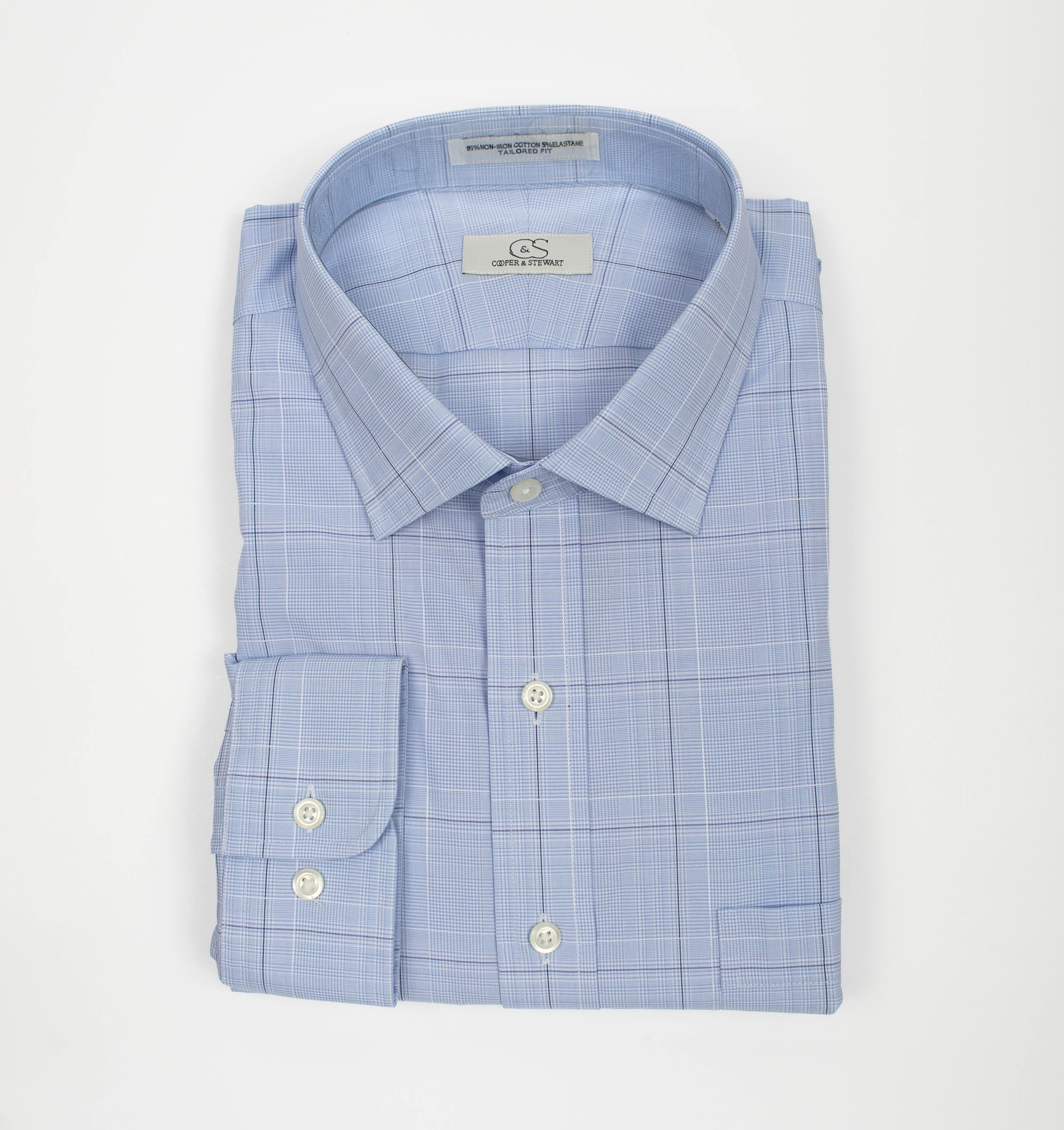 021 TF SC - Blue Ground Square Box Check Tailored Fit Spread Collar